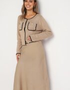  Set Bej din Viscoză Cardigan cu Nasturi și Fustă Cloș cu Elastic în Talie Verivian
