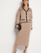  Set bej din viscoză Fustă ajustată Cardigan deschis cu bordură Tamaira