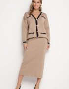  Set bej din viscoză Fustă ajustată Cardigan deschis cu bordură Tamaira