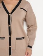  Set bej din viscoză Fustă ajustată Cardigan deschis cu bordură Tamaira