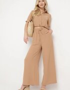  Set Bej închis Cămașă scurtă cu Nasturi Pantaloni cu Elastic în Talie Yinesa
