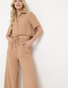  Set Bej închis Cămașă scurtă cu Nasturi Pantaloni cu Elastic în Talie Yinesa