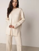  Set Bej Tricotat 2 piese cu Viscoză Pulover cu Guler înalt și Pantaloni largi Firizia