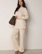  Set Bej Tricotat 2 piese cu Viscoză Pulover cu Guler înalt și Pantaloni largi Firizia