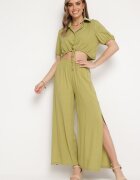  Set Bumbac Verde cu Cămașă Scurtă și Pantaloni Larghi cu Crăpături Denara