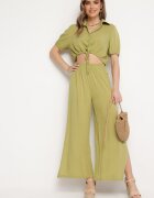  Set Bumbac Verde cu Cămașă Scurtă și Pantaloni Larghi cu Crăpături Denara