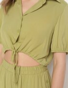  Set Bumbac Verde cu Cămașă Scurtă și Pantaloni Larghi cu Crăpături Denara