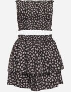  Set de 2 piese Negru Top Bandeau cu încrețituri Fustă-Pantaloni scurți cu elastic în talie Profea