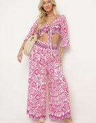  Set de bumbac Fucsia Top petrecut cu nod Pantaloni largi cu elastic în talie Viknie