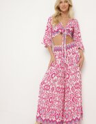  Set de bumbac Fucsia Top petrecut cu nod Pantaloni largi cu elastic în talie Viknie