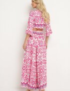  Set de bumbac Fucsia Top petrecut cu nod Pantaloni largi cu elastic în talie Viknie