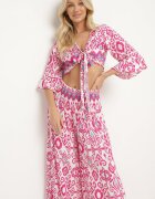  Set de bumbac Fucsia Top petrecut cu nod Pantaloni largi cu elastic în talie Viknie