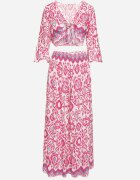  Set de bumbac Fucsia Top petrecut cu nod Pantaloni largi cu elastic în talie Viknie