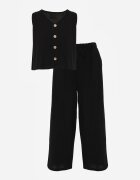  Set de bumbac Negru Tricou fără mâneci cu nasturi Pantaloni cu elastic în talie Juliancella