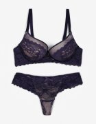  Set de lenjerie bleumarin Sutien push-up și Chiloți tanga cu dantelă Aurorra