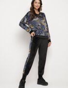 Set de Trening din Velur Bleumarin-Negru Bluză cu Model Abstract Pantaloni cu Lampase Ivalaria