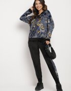  Set de Trening din Velur Bleumarin-Negru Bluză cu Model Abstract Pantaloni cu Lampase Ivalaria