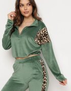  Set de trening Verde din velur bluză scurtă și pantaloni cu inserții cu imprimeu leopard Kilima
