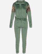  Set de trening Verde din velur bluză scurtă și pantaloni cu inserții cu imprimeu leopard Kilima
