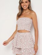  Set din 2 Piese Alb-Roz Top Bandeau cu Volane Fustă-Pantaloni scurți cu Elastic în Talie Profea