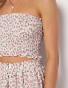  Set din 2 Piese Alb-Roz Top Bandeau cu Volane Fustă-Pantaloni scurți cu Elastic în Talie Profea