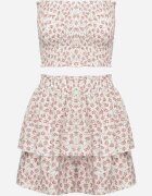  Set din 2 Piese Alb-Roz Top Bandeau cu Volane Fustă-Pantaloni scurți cu Elastic în Talie Profea