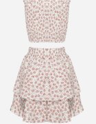  Set din 2 Piese Alb-Roz Top Bandeau cu Volane Fustă-Pantaloni scurți cu Elastic în Talie Profea