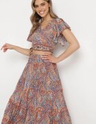  Set din 2 piese Bej cu model Paisley din Viscoză Fustă Maxi și Bluză Petrecută Wabila