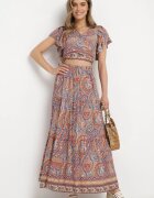  Set din 2 piese Bej cu model Paisley din Viscoză Fustă Maxi și Bluză Petrecută Wabila