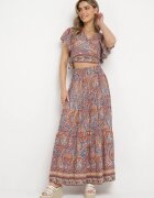 Set din 2 piese Bej cu model Paisley din Viscoză Fustă Maxi și Bluză Petrecută Wabila