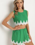  Set din 2 Piese Verde Finisat cu Dantelă Top cu Breteluțe Pantaloni scurți cu Talie Înaltă Giloa