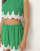  Set din 2 Piese Verde Finisat cu Dantelă Top cu Breteluțe Pantaloni scurți cu Talie Înaltă Giloa