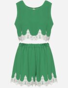  Set din 2 Piese Verde Finisat cu Dantelă Top cu Breteluțe Pantaloni scurți cu Talie Înaltă Giloa