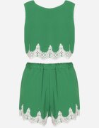  Set din 2 Piese Verde Finisat cu Dantelă Top cu Breteluțe Pantaloni scurți cu Talie Înaltă Giloa