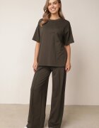  Set Din bumbac Verde închis Bluză cu despicături laterale și Pantaloni largi cu elastic în talie Undrea