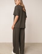  Set Din bumbac Verde închis Bluză cu despicături laterale și Pantaloni largi cu elastic în talie Undrea