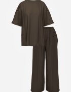  Set Din bumbac Verde închis Bluză cu despicături laterale și Pantaloni largi cu elastic în talie Undrea