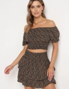  Set din două piese negru cu flori Top cu decolteu spaniol și Fustă cu volane Fritia