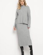  Set din tricot gri cu vâscoză cu textură în relief pulover cu guler semi-înalt și fustă Atteris