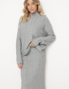  Set din tricot gri cu vâscoză cu textură în relief pulover cu guler semi-înalt și fustă Atteris