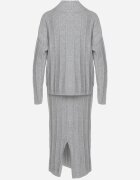  Set din tricot gri cu vâscoză cu textură în relief pulover cu guler semi-înalt și fustă Atteris