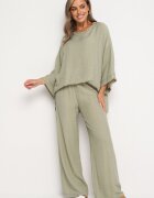  Set din vascoză verde deschis Pantaloni largi cu elastic în talie Bluză cu croială liliac Odrina