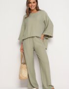  Set din vascoză verde deschis Pantaloni largi cu elastic în talie Bluză cu croială liliac Odrina