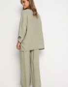  Set din vascoză verde deschis Pantaloni largi cu elastic în talie Bluză cu croială liliac Odrina