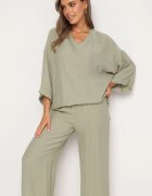  Set din vascoză verde deschis Pantaloni largi cu elastic în talie Bluză cu croială liliac Odrina