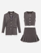  Set Gri cu Dungi Subțiri Fustă Plisată Vestă și Sacou Dassemi