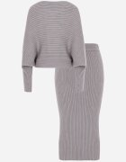  Set Gri Rebrat din Viscoză Bluză tip liliac Fustă cu elastic în talie Zortia
