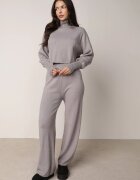  Set Gri Tricotat cu vâscoză Bluză golf cu manșete și Pantaloni Largi Noridra