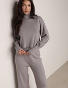  Set Gri Tricotat cu vâscoză Bluză golf cu manșete și Pantaloni Largi Noridra