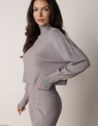  Set Gri Tricotat cu vâscoză Bluză golf cu manșete și Pantaloni Largi Noridra